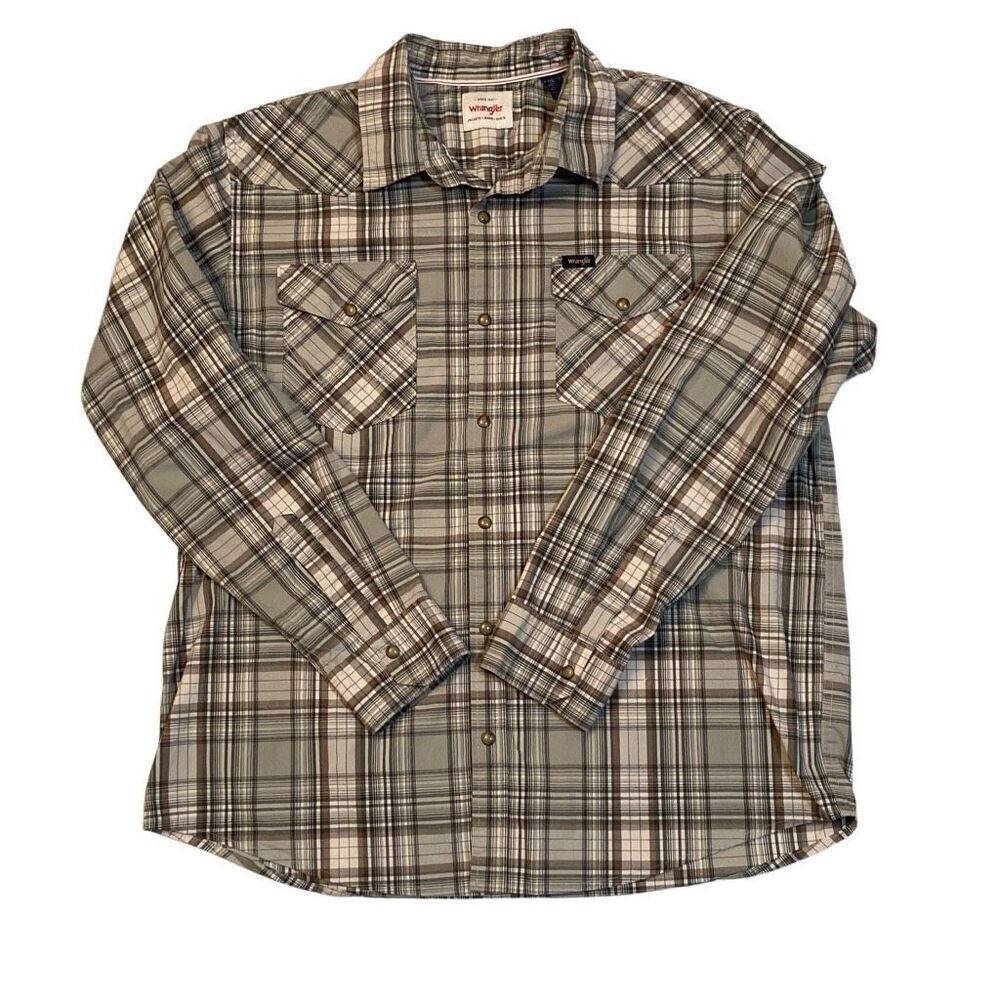 Wrangler Gray Brown Plaid Long Sleeve Snap Front Western Shirt Men Size XL